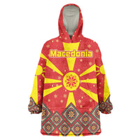 Macedonia Christmas Wearable Blanket Hoodie with Yellow Sun, Santa, and Festive Tree Motif - Wonder Print Shop