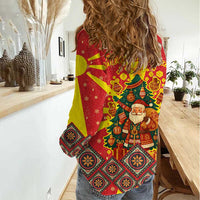 Macedonia Christmas Women Casual Shirt with Yellow Sun, Santa, and Festive Tree Motif - Wonder Print Shop