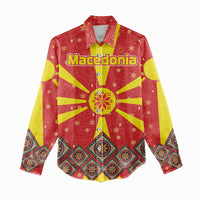 Macedonia Christmas Women Casual Shirt with Yellow Sun, Santa, and Festive Tree Motif - Wonder Print Shop