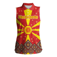Macedonia Christmas Women Sleeveless Polo Shirt with Yellow Sun, Santa, and Festive Tree Motif - Wonder Print Shop