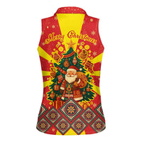 Macedonia Christmas Women Sleeveless Polo Shirt with Yellow Sun, Santa, and Festive Tree Motif - Wonder Print Shop