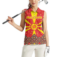 Macedonia Christmas Women Sleeveless Polo Shirt with Yellow Sun, Santa, and Festive Tree Motif - Wonder Print Shop