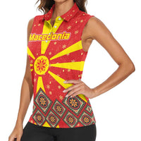 Macedonia Christmas Women Sleeveless Polo Shirt with Yellow Sun, Santa, and Festive Tree Motif - Wonder Print Shop