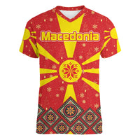 Macedonia Christmas Women V-Neck T-Shirt with Yellow Sun, Santa, and Festive Tree Motif - Wonder Print Shop