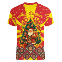 Macedonia Christmas Women V-Neck T-Shirt with Yellow Sun, Santa, and Festive Tree Motif - Wonder Print Shop