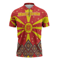 Macedonia Christmas Zipper Polo Shirt with Yellow Sun, Santa, and Festive Tree Motif - Wonder Print Shop
