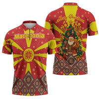 Macedonia Christmas Zipper Polo Shirt with Yellow Sun, Santa, and Festive Tree Motif - Wonder Print Shop