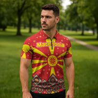 Macedonia Christmas Zipper Polo Shirt with Yellow Sun, Santa, and Festive Tree Motif - Wonder Print Shop
