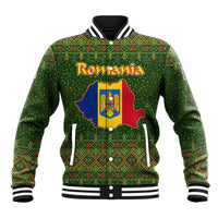 Romania Christmas Baseball Jacket with Map Tricolor Flag Golden Eagle and Santa Motif - Wonder Print Shop