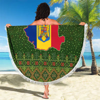 Romania Christmas Beach Blanket with Map Tricolor Flag Golden Eagle and Santa Motif - Wonder Print Shop