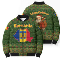Romania Christmas Bomber Puffer Jacket with Map Tricolor Flag Golden Eagle and Santa Motif - Wonder Print Shop
