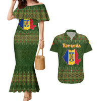 Romania Christmas Couples Matching Mermaid Dress and Hawaiian Shirt with Map Tricolor Flag Golden Eagle and Santa Motif - Wonder Print Shop