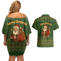 Romania Christmas Couples Matching Off Shoulder Short Dress and Hawaiian Shirt with Map Tricolor Flag Golden Eagle and Santa Motif - Wonder Print Shop