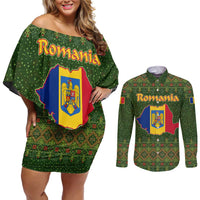 Romania Christmas Couples Matching Off Shoulder Short Dress and Long Sleeve Button Shirt with Map Tricolor Flag Golden Eagle and Santa Motif - Wonder Print Shop