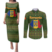 Romania Christmas Couples Matching Puletasi and Long Sleeve Button Shirt with Map Tricolor Flag Golden Eagle and Santa Motif - Wonder Print Shop