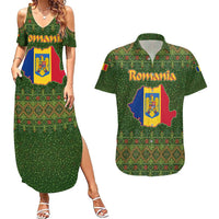 Romania Christmas Couples Matching Summer Maxi Dress and Hawaiian Shirt with Map Tricolor Flag Golden Eagle and Santa Motif - Wonder Print Shop