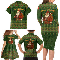 Romania Christmas Family Matching Long Sleeve Bodycon Dress and Hawaiian Shirt with Map Tricolor Flag Golden Eagle and Santa Motif - Wonder Print Shop
