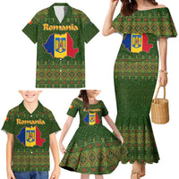 Romania Christmas Family Matching Mermaid Dress and Hawaiian Shirt with Map Tricolor Flag Golden Eagle and Santa Motif - Wonder Print Shop