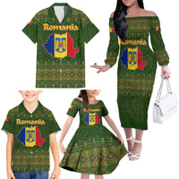 Romania Christmas Family Matching Off The Shoulder Long Sleeve Dress and Hawaiian Shirt with Map Tricolor Flag Golden Eagle and Santa Motif - Wonder Print Shop