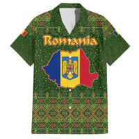 Romania Christmas Family Matching Off The Shoulder Long Sleeve Dress and Hawaiian Shirt with Map Tricolor Flag Golden Eagle and Santa Motif - Wonder Print Shop