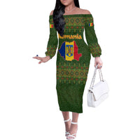 Romania Christmas Family Matching Off The Shoulder Long Sleeve Dress and Hawaiian Shirt with Map Tricolor Flag Golden Eagle and Santa Motif - Wonder Print Shop