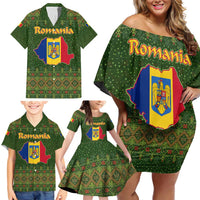 Romania Christmas Family Matching Off Shoulder Short Dress and Hawaiian Shirt with Map Tricolor Flag Golden Eagle and Santa Motif - Wonder Print Shop