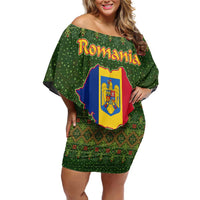 Romania Christmas Family Matching Off Shoulder Short Dress and Hawaiian Shirt with Map Tricolor Flag Golden Eagle and Santa Motif - Wonder Print Shop