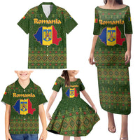 Romania Christmas Family Matching Puletasi and Hawaiian Shirt with Map Tricolor Flag Golden Eagle and Santa Motif - Wonder Print Shop