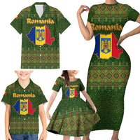 Romania Christmas Family Matching Short Sleeve Bodycon Dress and Hawaiian Shirt with Map Tricolor Flag Golden Eagle and Santa Motif - Wonder Print Shop