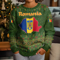 Romania Christmas Kid Ugly Christmas Sweater with Map Tricolor Flag Golden Eagle and Santa Motif - Wonder Print Shop