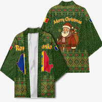 Romania Christmas Kimono with Map Tricolor Flag Golden Eagle and Santa Motif - Wonder Print Shop