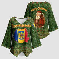 Romania Christmas Kimono Sleeve Blouse with Map Tricolor Flag Golden Eagle and Santa Motif - Wonder Print Shop