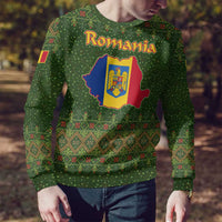 Romania Christmas Ugly Christmas Sweater with Map Tricolor Flag Golden Eagle and Santa Motif - Wonder Print Shop