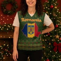 Romania Christmas Knitted V-Neck Vest with Map Tricolor Flag Golden Eagle and Santa Motif - Wonder Print Shop