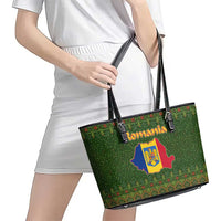 Romania Christmas Leather Tote Bag with Map Tricolor Flag Golden Eagle and Santa Motif - Wonder Print Shop