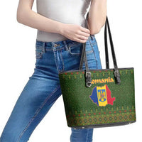 Romania Christmas Leather Tote Bag with Map Tricolor Flag Golden Eagle and Santa Motif - Wonder Print Shop