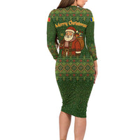 Romania Christmas Long Sleeve Bodycon Dress with Map Tricolor Flag Golden Eagle and Santa Motif - Wonder Print Shop