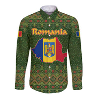 Romania Christmas Long Sleeve Button Shirt with Map Tricolor Flag Golden Eagle and Santa Motif - Wonder Print Shop