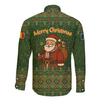 Romania Christmas Long Sleeve Button Shirt with Map Tricolor Flag Golden Eagle and Santa Motif - Wonder Print Shop