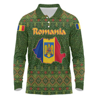 Romania Christmas Long Sleeve Polo Shirt with Map Tricolor Flag Golden Eagle and Santa Motif - Wonder Print Shop