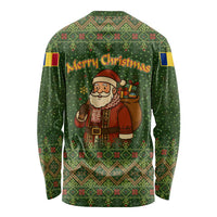 Romania Christmas Long Sleeve Shirt with Map Tricolor Flag Golden Eagle and Santa Motif - Wonder Print Shop