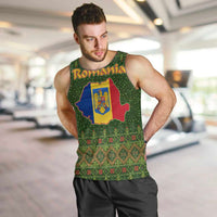 Romania Christmas Men Tank Top with Map Tricolor Flag Golden Eagle and Santa Motif - Wonder Print Shop