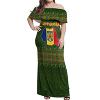 Romania Christmas Off Shoulder Maxi Dress with Map Tricolor Flag Golden Eagle and Santa Motif - Wonder Print Shop