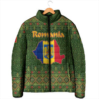 Romania Christmas Padded Jacket with Map Tricolor Flag Golden Eagle and Santa Motif - Wonder Print Shop