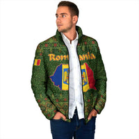 Romania Christmas Padded Jacket with Map Tricolor Flag Golden Eagle and Santa Motif - Wonder Print Shop