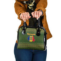 Romania Christmas Shoulder Handbag with Map Tricolor Flag Golden Eagle and Santa Motif - Wonder Print Shop