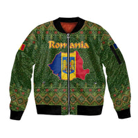 Romania Christmas Sleeve Zip Bomber Jacket with Map Tricolor Flag Golden Eagle and Santa Motif - Wonder Print Shop