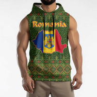 Romania Christmas Sleeveless Hoodie with Map Tricolor Flag Golden Eagle and Santa Motif - Wonder Print Shop