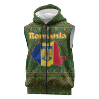 Romania Christmas Sleeveless Zip Hoodie with Map Tricolor Flag Golden Eagle and Santa Motif - Wonder Print Shop