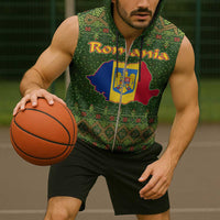 Romania Christmas Sleeveless Zip Hoodie with Map Tricolor Flag Golden Eagle and Santa Motif - Wonder Print Shop